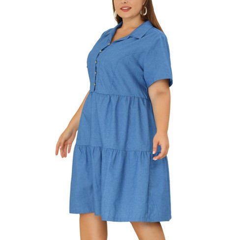 Agnes Orinda Plus Size Babydoll Placket Elastic Back Button Chambray Dresses Denim Blue 3x : Target