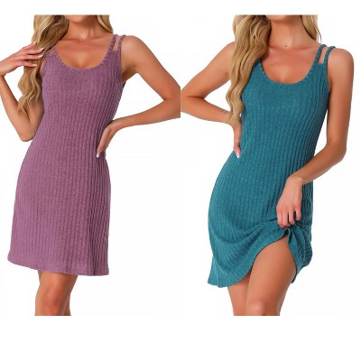 INSPIRE CHIC Women's 2 Pcs Sleeveless Crew Neck Ribbed Knit Nightgown Double Strap Chemise