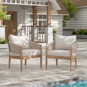 Acacia Wood Outdoor Club Chairs with Rope Backrest & Fade Resistant Cushion, Set of 2 Patio Lounge Armchair-3irtyhousy - 1 of 4