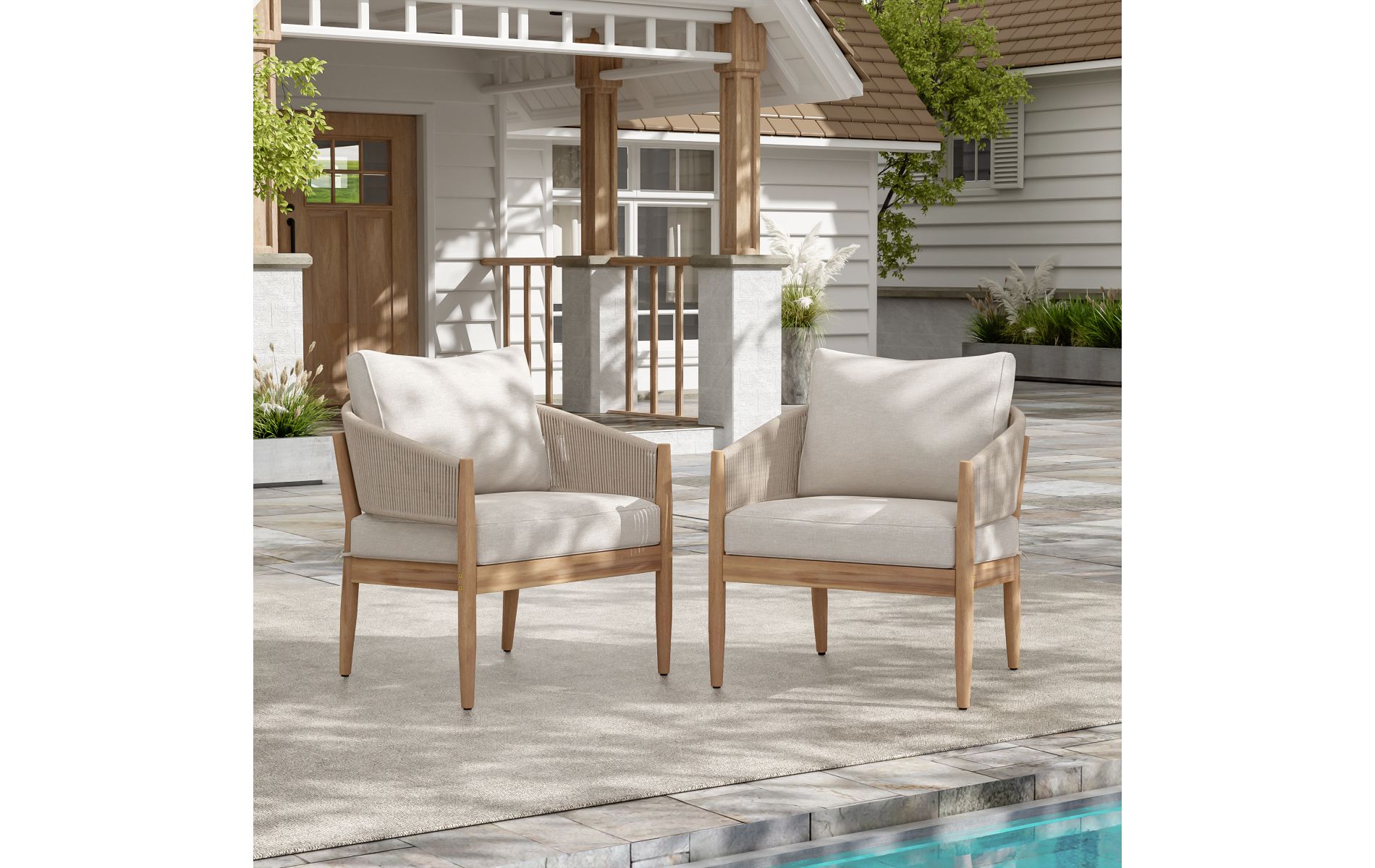 Acacia Wood Outdoor Club Chairs with Brown Rope Backrest & Fade Resistant Cushion, Set of 2 Patio Lounge Armchair-3irtyhousy