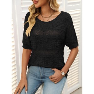 Women's Crochet Hollow Out Pullover Sweaters Casual Round Neck Half Sleeve Tops Blouses - 1 of 4