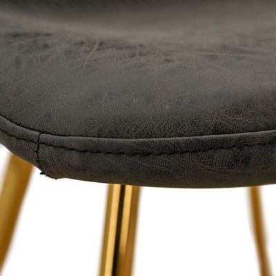 Charcoal Black Leather Dining Chairs with Gold Metal Legs, Set of 2