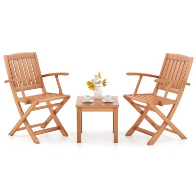 Tangkula 3 PCS Eucalyptus Wood Patio Bistro Set w/ 2 Folding Arm Chairs for Porch