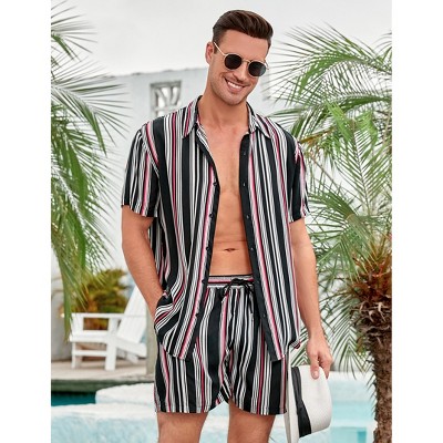 Men's 2 Piece Sets Summer Beach Striped Outfits Casual Short Sleeve T-Shirt and Shorts