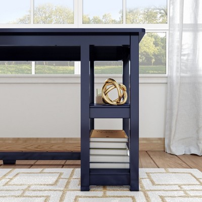 Navy L-Shaped Corner Desk with Shelves and Solid Wood Legs