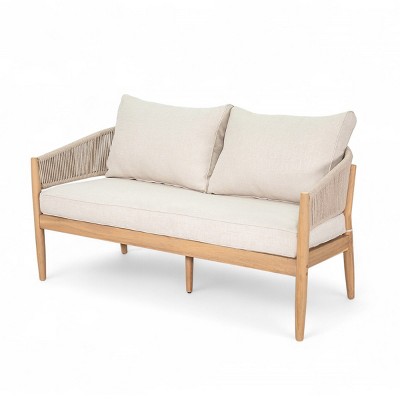 Outdoor Acacia Wood Loveseat,Modern Patio Rope Weave Loveseat with Wood Frame,Lounge Loveseat with Cushion for Garden or Deck-Coolbibila