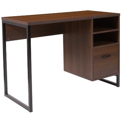 Merrick Lane Rustic Computer Desk with Shelving and Storage Drawer Metal Frame Pedestal Base Home Office Desk