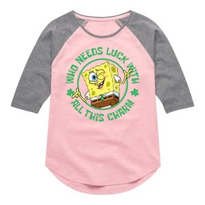 Girls' - SpongeBob Squarepants - Who Needs Luck With This Charm Shirt Tail Raglan Graphic T-shirt - 1 of 4