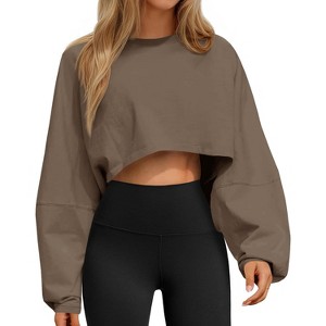 Comfort Cropped Sweatshirt with Long Balloon Sleeves Loose Fit Crew Neck Casual Workout Top - 1 of 4