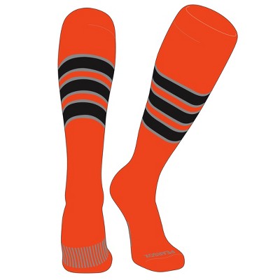 PEAR SOX Striped OTC Baseball, Softball, Football Socks (C) Orange, Silver, Black (S)