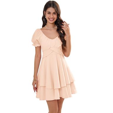 Clearlove Women's Mini Dress Layer Ruffle Hem Short Lantern Sleeve V Neck  Dress A Line Casual Flowy Dress Nude Large : Target
