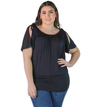 24seven Comfort Apparel Womens Plus Size Solid Color Short Sleeve Split Shoulder Top