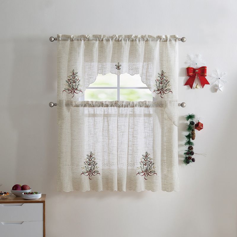 Kate Aurora Christmas Mistletoe Cream Colored Embroidered Complete Semi Sheer Kitchen Curtain Tier & Valance Set, 1 of 2