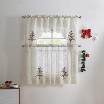 Kate Aurora Christmas Mistletoe Cream Colored Embroidered Complete Semi Sheer Kitchen Curtain Tier & Valance Set