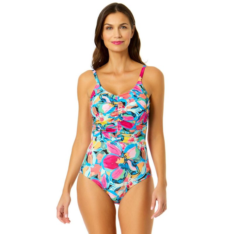 Anne Cole Women's Amalfi Floral Shirred Front V Neck One Piece Swimsuit, 1 of 5