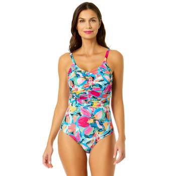Anne Cole Women's Amalfi Floral Shirred Front V Neck One Piece Swimsuit