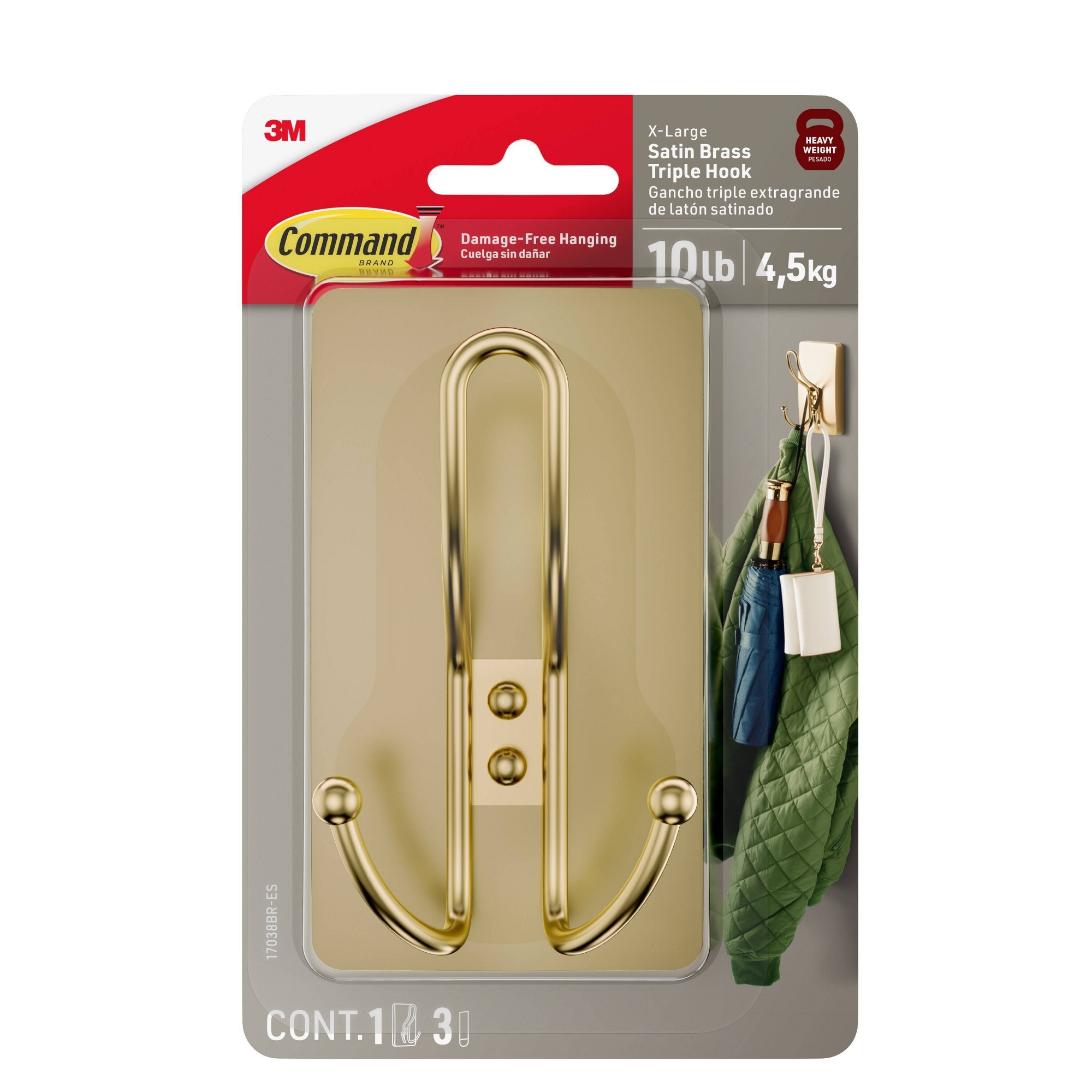 Command XL Triple Hook Satin Brass