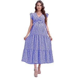 Women Summer Bohemian Floral Casual Wrap Midi Sun Dress - 1 of 4