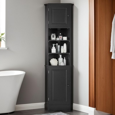 67"Tall Narrow Corner Cabinet for Bathroom, Multi-Functional Storage Cabinet with Doors and Shelves - Leovsnove