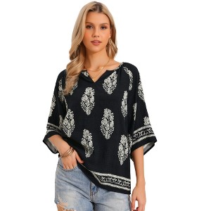INSPIRE CHIC Women's Summer 3/4 Sleeve Notched V Neck Leaves Print Boho Blouses - 1 of 4