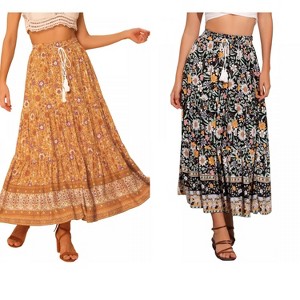 INSPIRE CHIC Women's Summer Floral Boho Tassels Elastic Waist Casual Maxi Skirts 2 Packs - 1 of 4