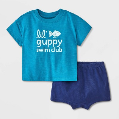 Image of Baby Boys' Slub Jersey Graphic Top & Bottom Set - Cat & Jack™ Blue 6-9M