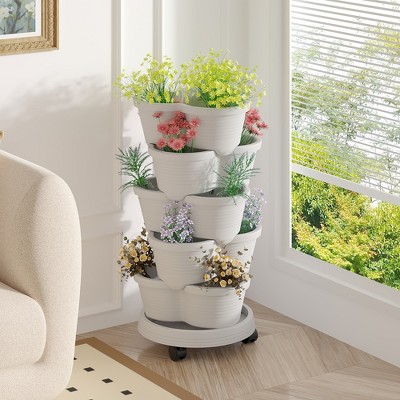 VECELO 5-Tier Vertical Garden Planter, Self Watering Stackable Planter with Wheels for Strawberries, Flowers, Vegetables, Set of 1/2