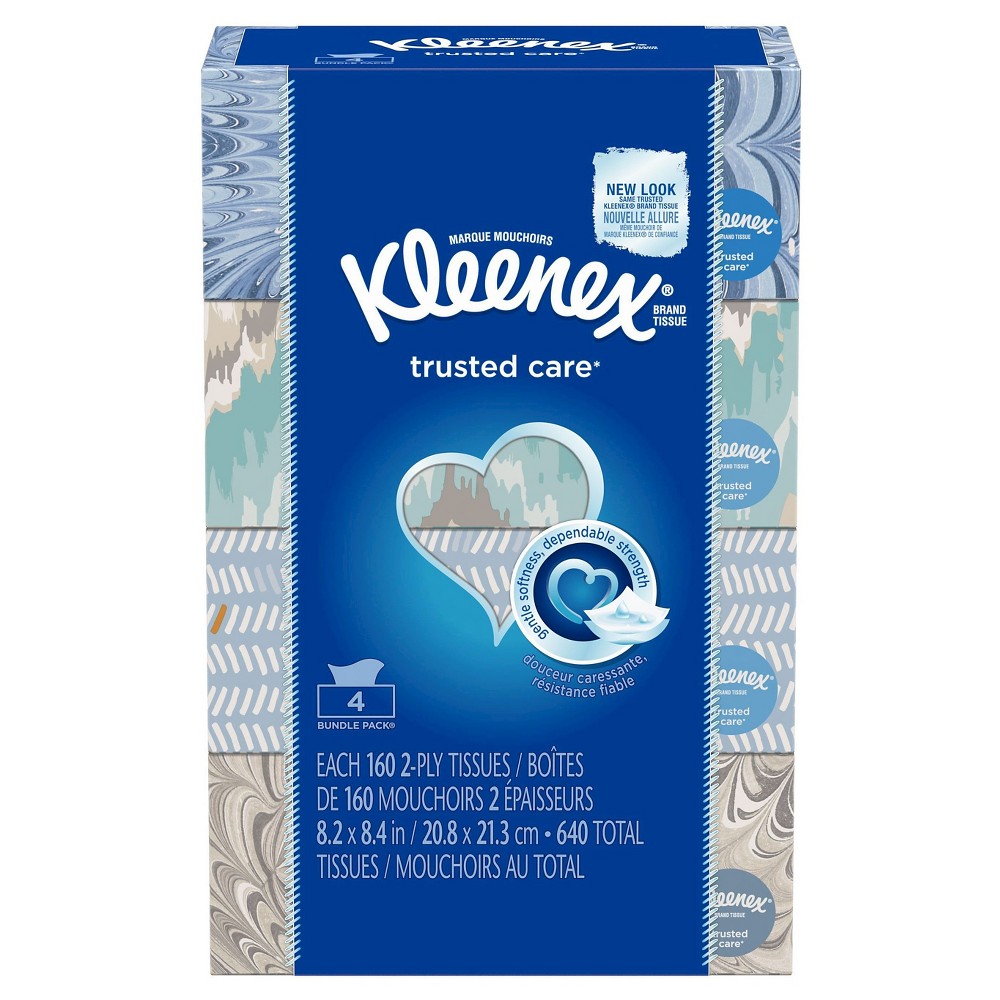 Kleenex Trusted Care Everyday Facial Tissues, 4 Rectangular Boxes, 144 Tissues per Box (576 Tissues Total)