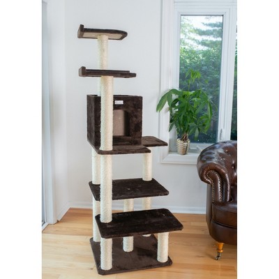 66-Inch Coffee Brown Faux Fur Multi-Level Cat Tree with Sisal Posts