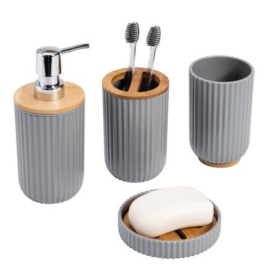 Gray Ribbed Bamboo and Plastic 4-Piece Bathroom Set