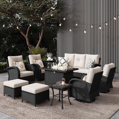 LayinSun Outdoor Patio Furniture Set, Black Rattan Wicker Sectional Swivel Rocker Chairs Sets