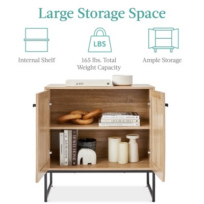 Natural Rattan 2-Door Storage Cabinet with Black Metal Legs