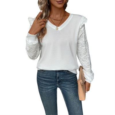 Women's Sweatshirt V Neck Long Sleeve Top Lace Ruffles Sleeves Pullover