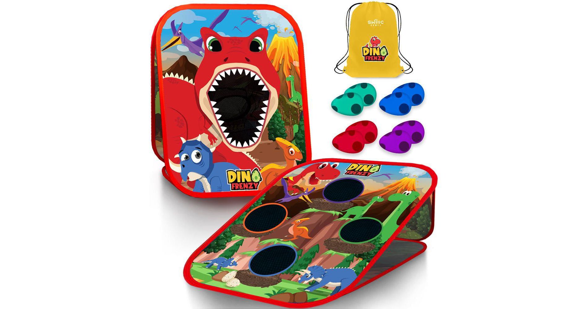 SWOOC Games - Dino Frenzy™ | 2-in-1 Corn Hole Games for Kids | 5-Second Setup | Dinosaur Bean Bag Toss Game for Kids | Kid Cornhole Game Set