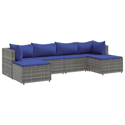 vidaXL 6 Piece Patio Lounge Set with Cushions Gray and Blue Poly Rattan