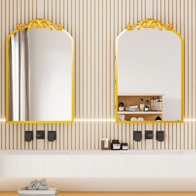 Wooakway 2-Pack 36"H*24"W Ornate Arch Metal Medicine Cabinet with Adjustable Shelves Vintage Recessed Wall Cabinet Mounted Bathroom with Mirror Gold