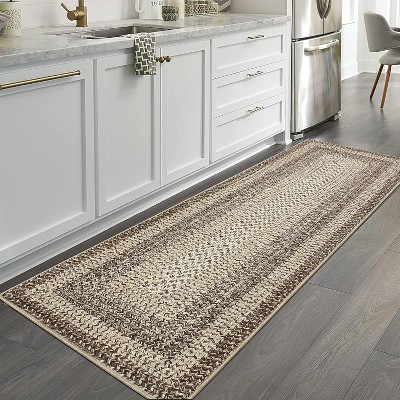 Area Rug Braided Printed Throw, Non-Slip Low Pile Accent Carpet, Foldable Soft Floor Cover for Bedroom or Living Room, Mocha