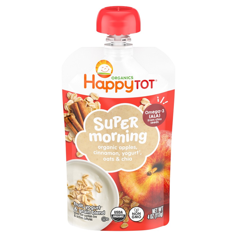 Happy Tot Super Morning Organic Apples, Cinnamon, Yogurt, Oats & Chia Toddler Pouch - 4oz: Toddler Meal, Pureed Baby Food, Ready to Eat
