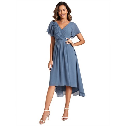 Ever-Pretty Chic V Neck Asymmetrical Hem Ruffles Sleeve Pleated Chiffon Wedding Guest Dress - image 1 of 4