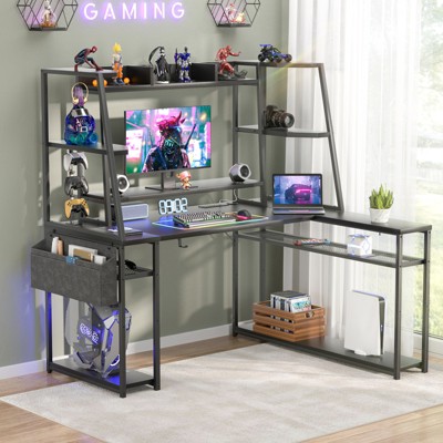 Aheaplus L Shaped Gaming Desk with Hutch & Shelves & LED Lights & Charging Station