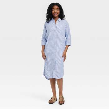 F&F Womens Navy Blue & White Striped 3/4 Sleeve Shirt Dress Size