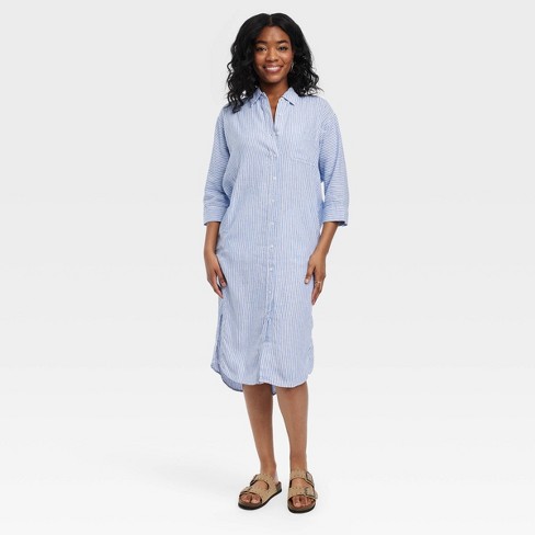 Women's Long Sleeve Cinch Waist Maxi Shirtdress - Universal Thread™ Blue  Striped XS