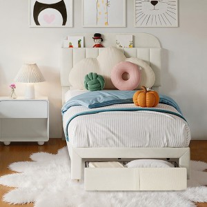 COZONY Kids Bed Frame with Bookcase Headboard and Storage Drawer, Twin Size Platform Bed with Padded Headboard - 1 of 4