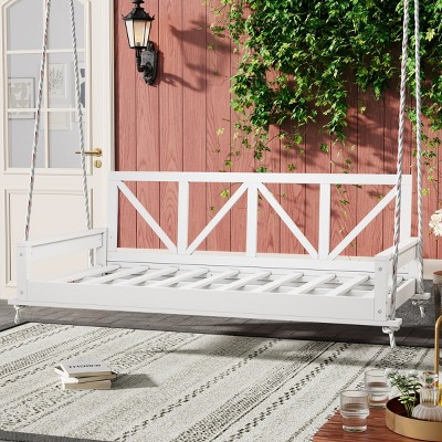Twin Size Acacia Wood Patio Swing Bed, Weather-Resistant Porch Hanging Bed, Minimalist Style, 85.4" Twin Mattress Fit, Single - Coolbibila