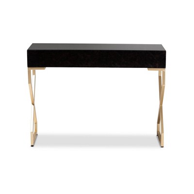 Carville Gold-Finished Metal & Dark Brown Faux Leather Console Table with Glass Top