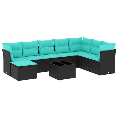 vidaXL 9 Piece Patio Sofa Set with Cushions Black and Blue Poly Rattan - With Table