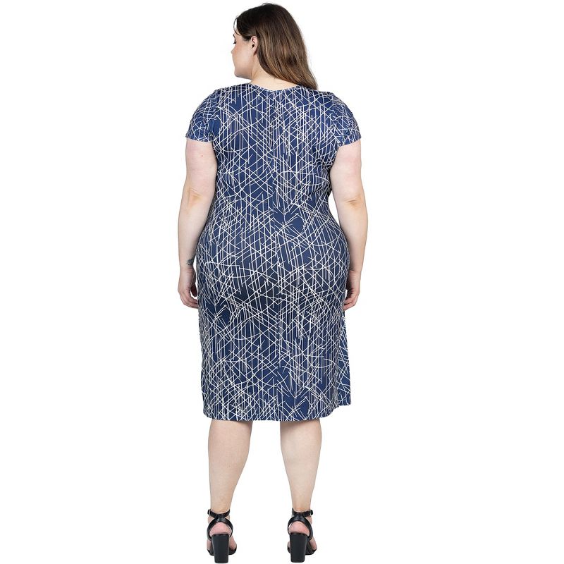 24seven Comfort Apparel Navy Geometric Print Plus Size Knee Length Short Sleeve Faux Wrap Dress, 3 of 7