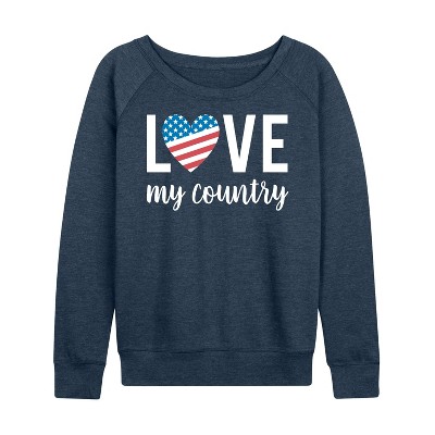 Women's - Instant Message - Love My Country Lightweight French Terry Wide Neck Long Sleeve Shirt