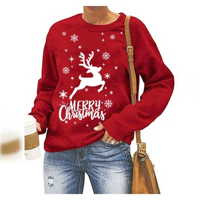 Christmas Pullover Sweatshirts for Women Crew Neck Long Sleeve Shirts for Christmas Reindeer Pattern Tops,Red(Crhistmas Deer) - 2XL
