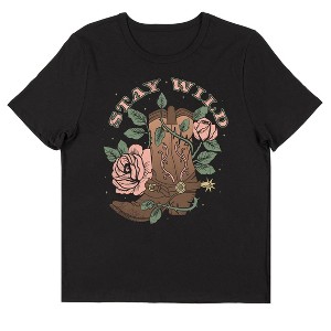 Vintage Country Boots and Roses Stay Wild Women's Black Short Sleeve Crew Neck Tee - 1 of 2